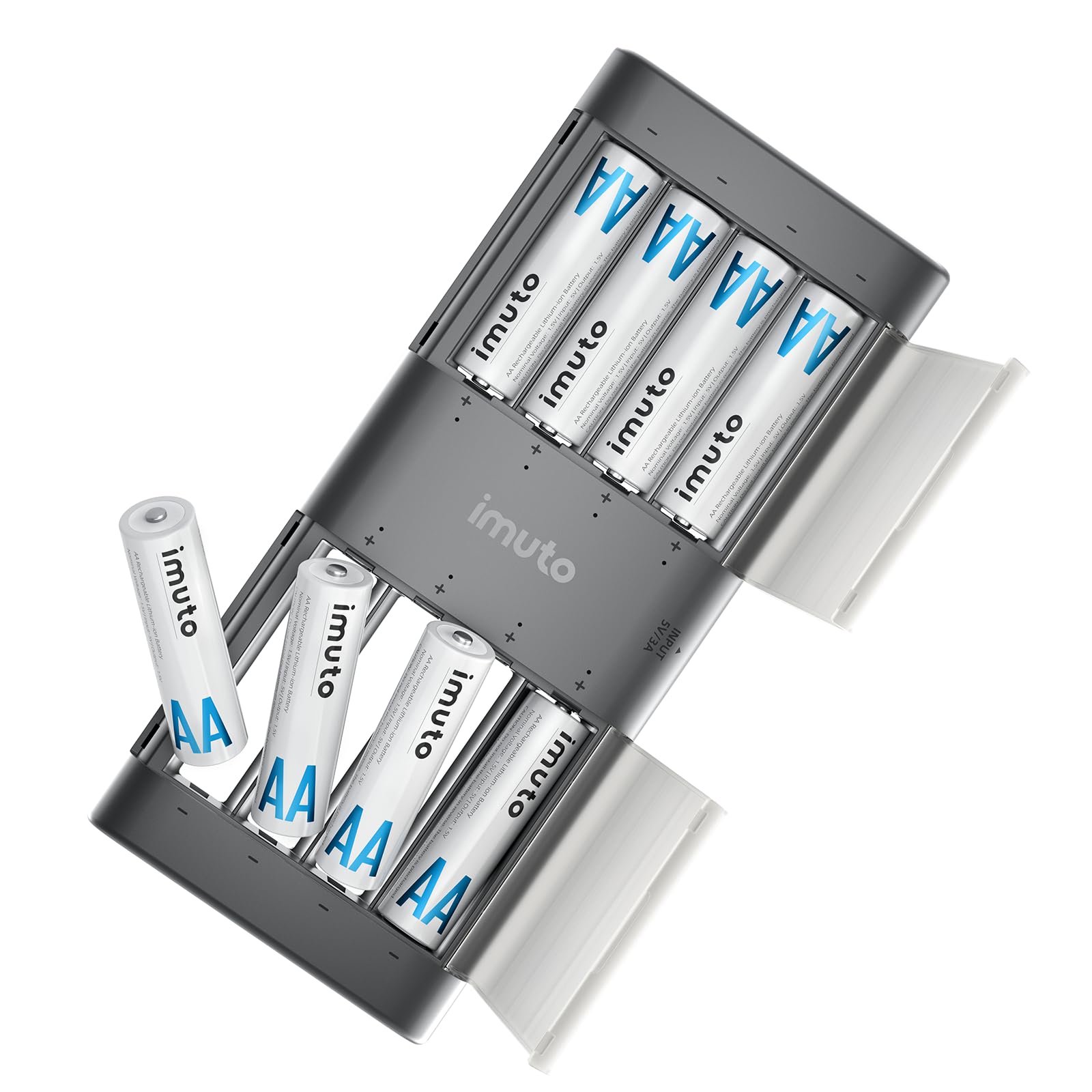 Imuto Lithium Batteries AA 8 Pack with Charger Low Self Discharge 1600 Cycles Rechargeable Li-ion Batteries 2500 mWh 1.5
