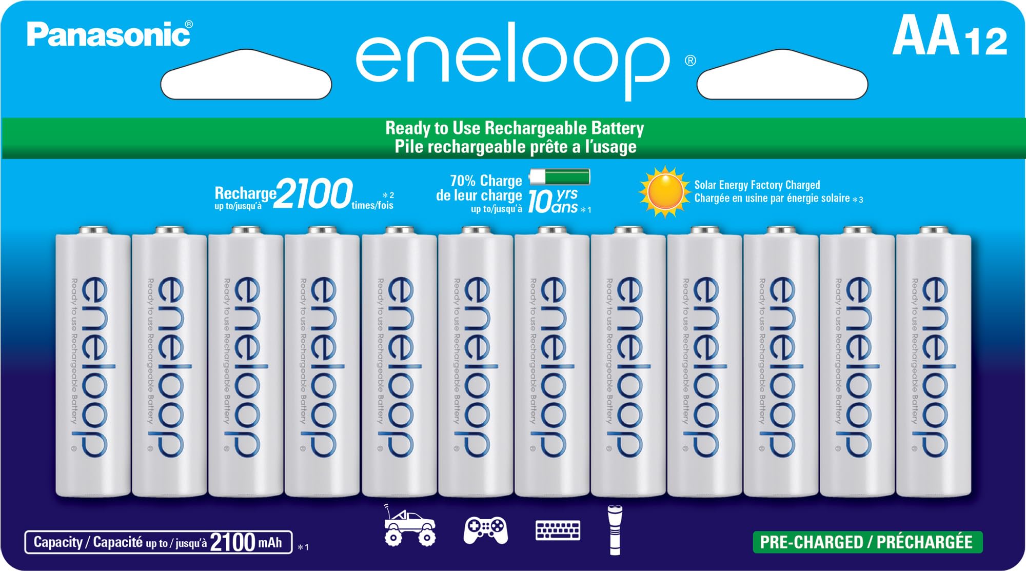 Eneloop Panasonic 12-Battery Pack AA Ni-MH Pre-Charged Rechargeable Batteries for Home & Travel, Up to 2100 Cycles, Suit